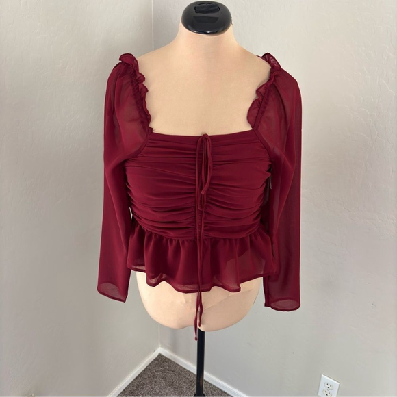 Vigoss Red Cherry Chiffon Ruffled Top Size M Long Sleeve Blouse Shirt NWT - Picture 4 of 15